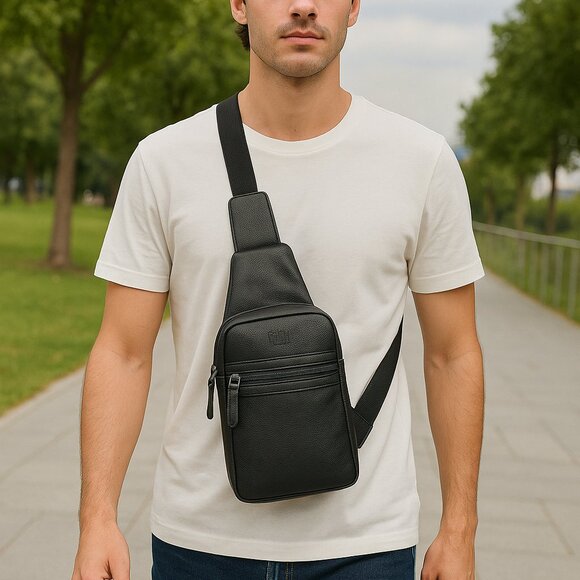 Premium Leather Black Fanny Sling Bag for Women Men, Waist Pack Crossbody Bag - Picture 2 of 10